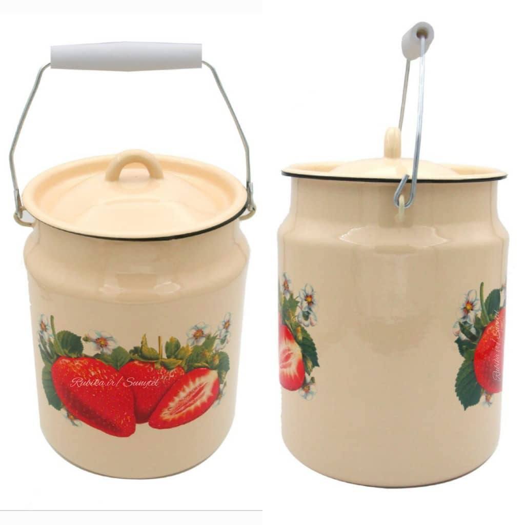 دبه روغن ۳ لیتری لعابی رنگی کرم گلدار طرح توت فرنگی